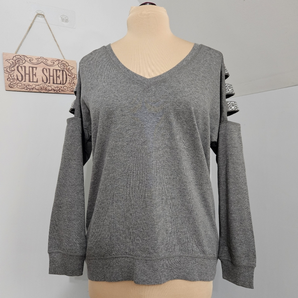 Venus Gray Cutout Shoulder V-Neck Long Sleeve Top‎ Size M Sparkle Strap Glam